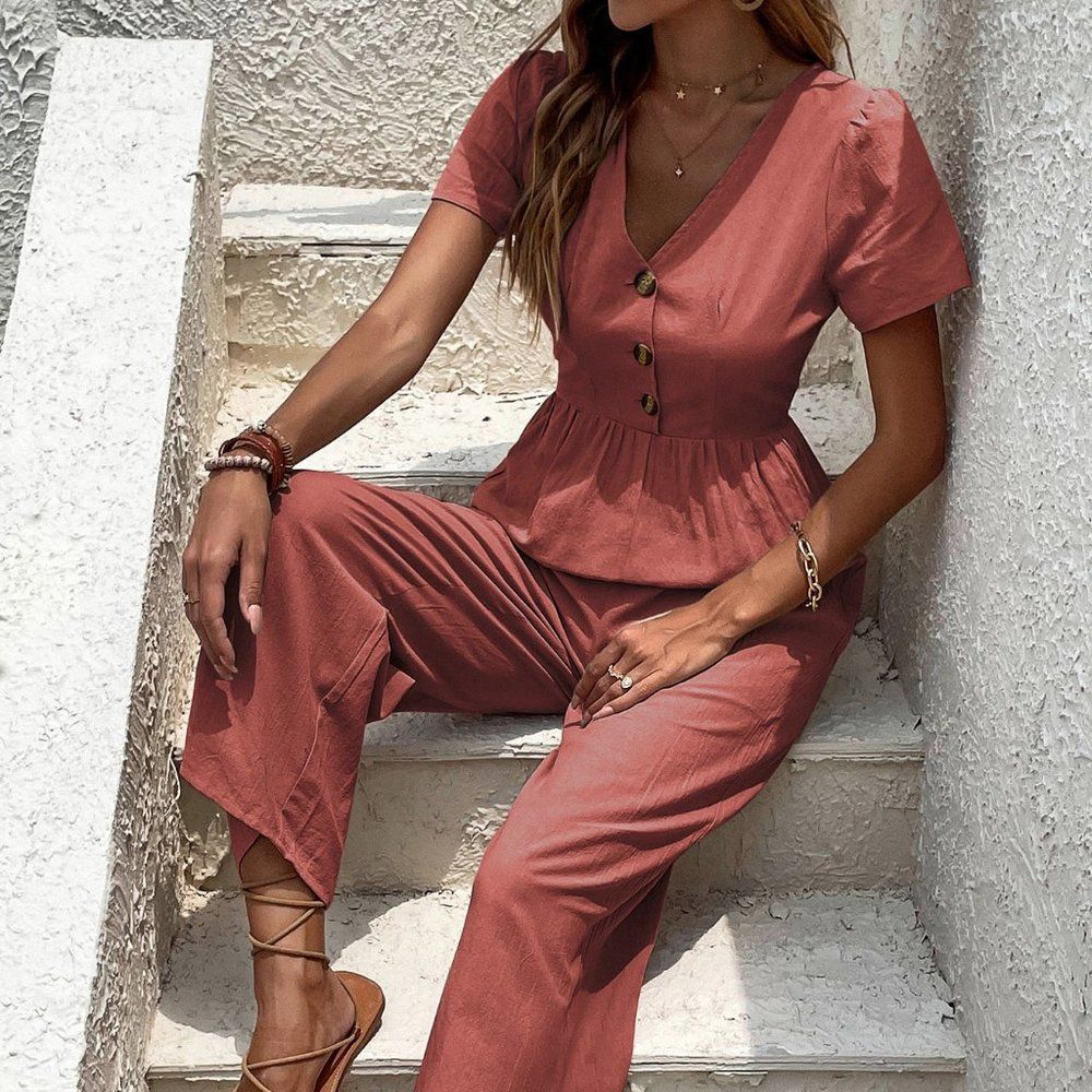 New Puff Sleeve Zip Back Jumpsuit  Redwood